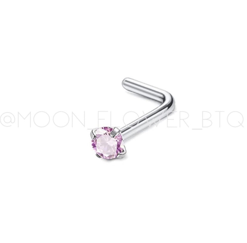 Pink Round CZ L Shaped Nose Ring