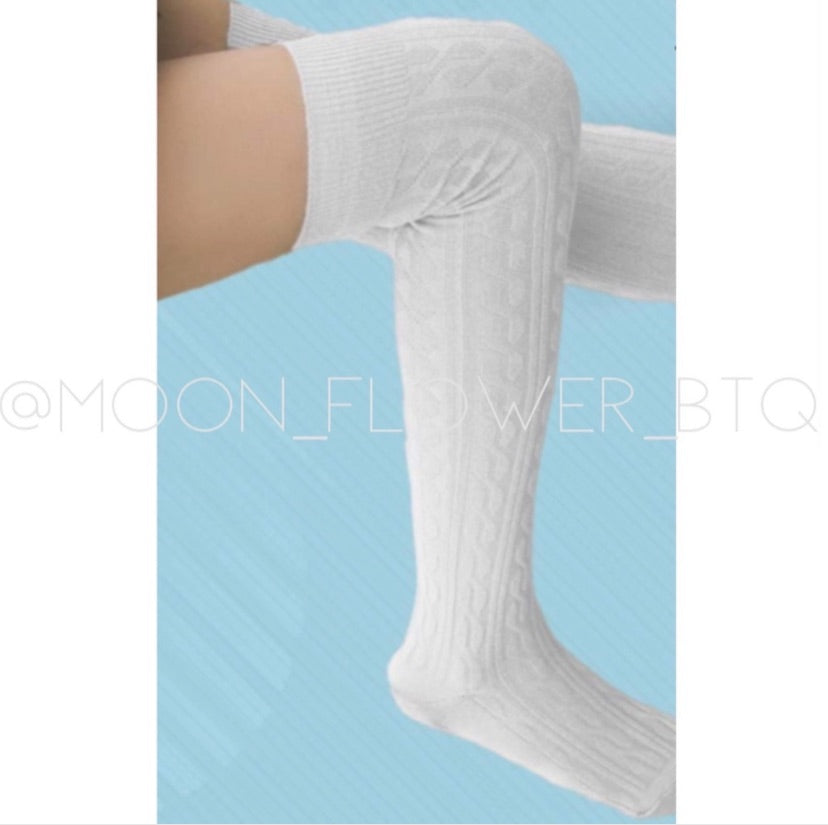 White Organic Cotton Knit Over the Knee Thigh High Socks