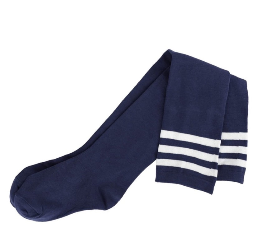 Navy Blue White Striped Over the Knee Thigh High Socks