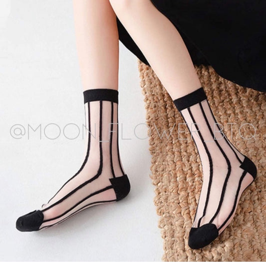 Black Pinstripe Sheer Mesh Transparent Nylon Socks