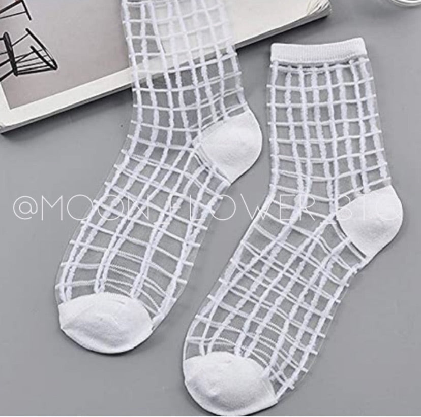 White Plaid Check Sheer Mesh Transparent Nylon Socks