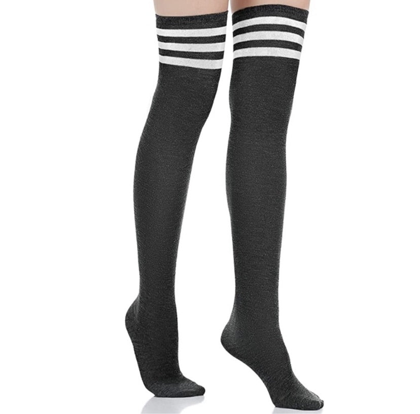 Charcoal Gray White Striped Over the Knee Thigh High Socks