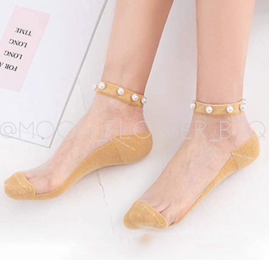 Gold Tulle Mesh Pearl Socks