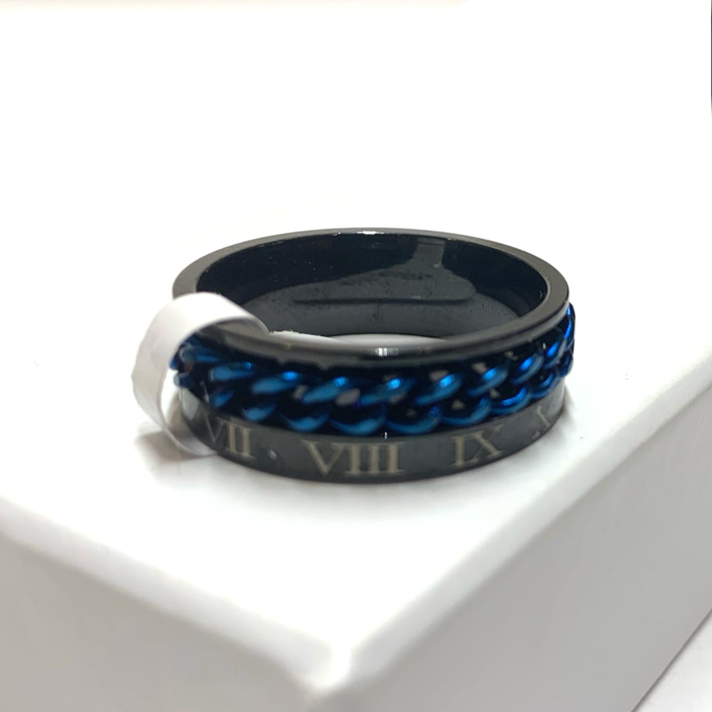 Roman Numeral Blue Chain Black Stainless Steel Silver Anxiety Fidget Spinner Ring