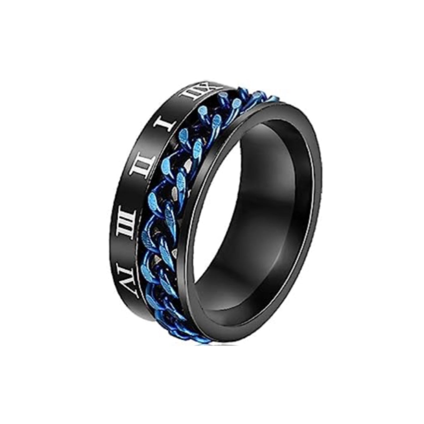 Roman Numeral Blue Chain Black Stainless Steel Silver Anxiety Fidget Spinner Ring