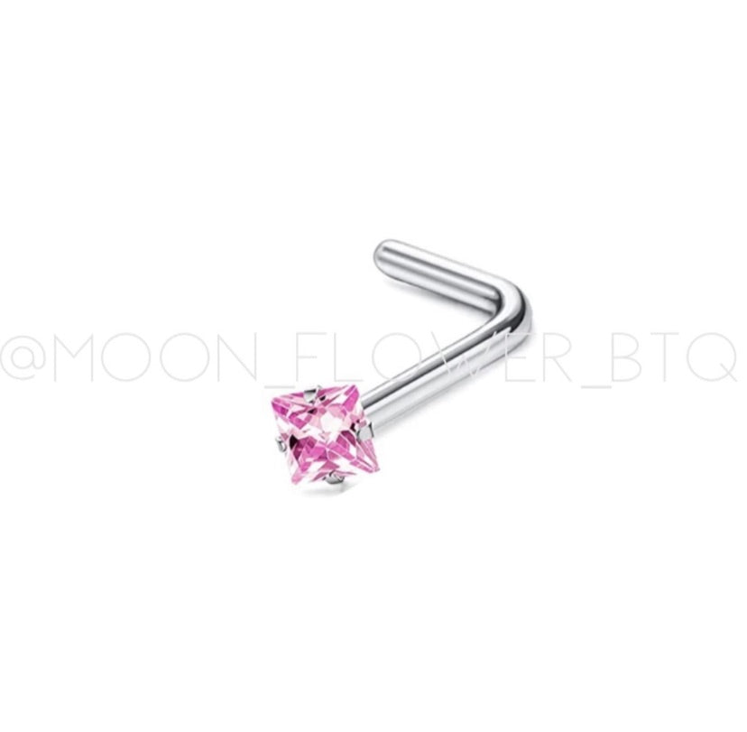 Pink Square CZ L Shaped Nose Ring