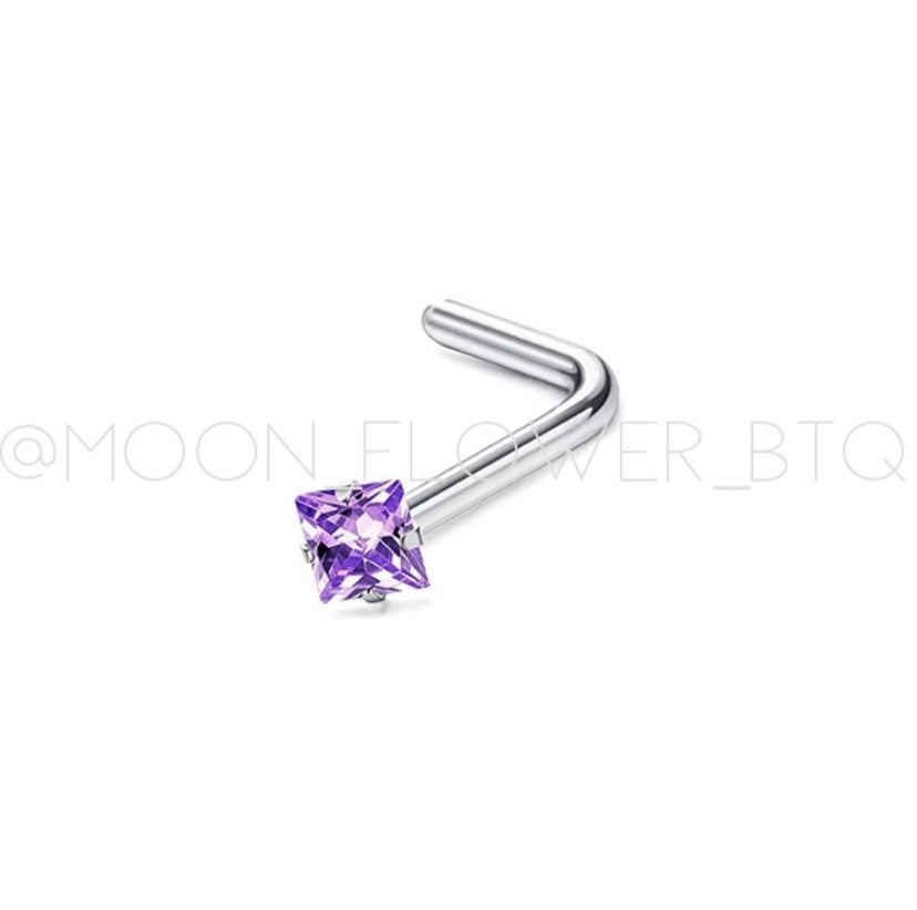 Purple Square CZ L Shaped Nose Ring