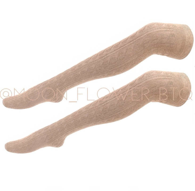 Tan Organic Cotton Knit Over the Knee Thigh High Socks