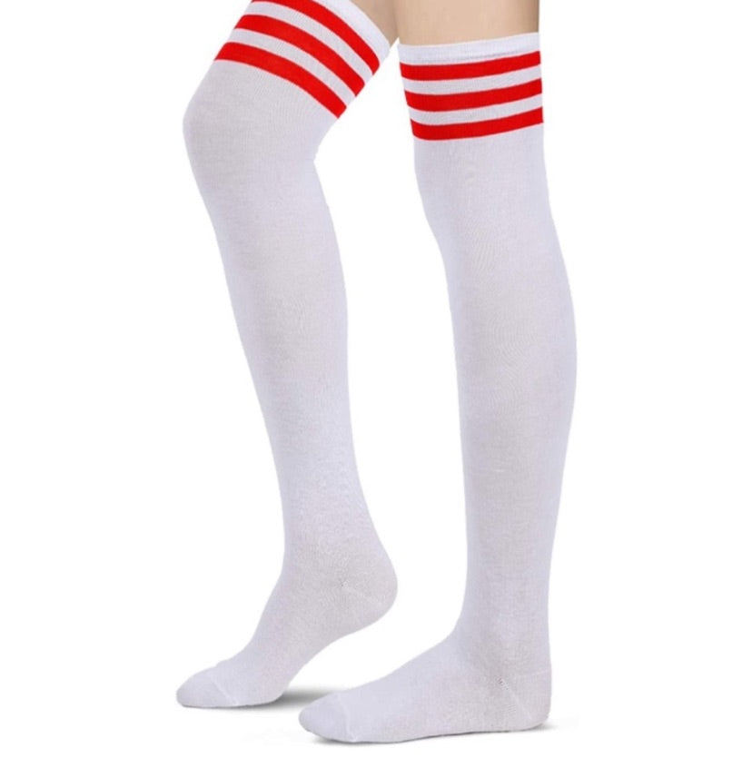 White Red Over the Knee Thigh High Socks