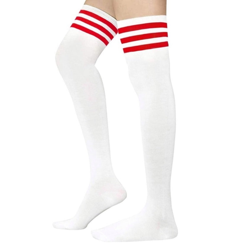 White Red Over the Knee Thigh High Socks