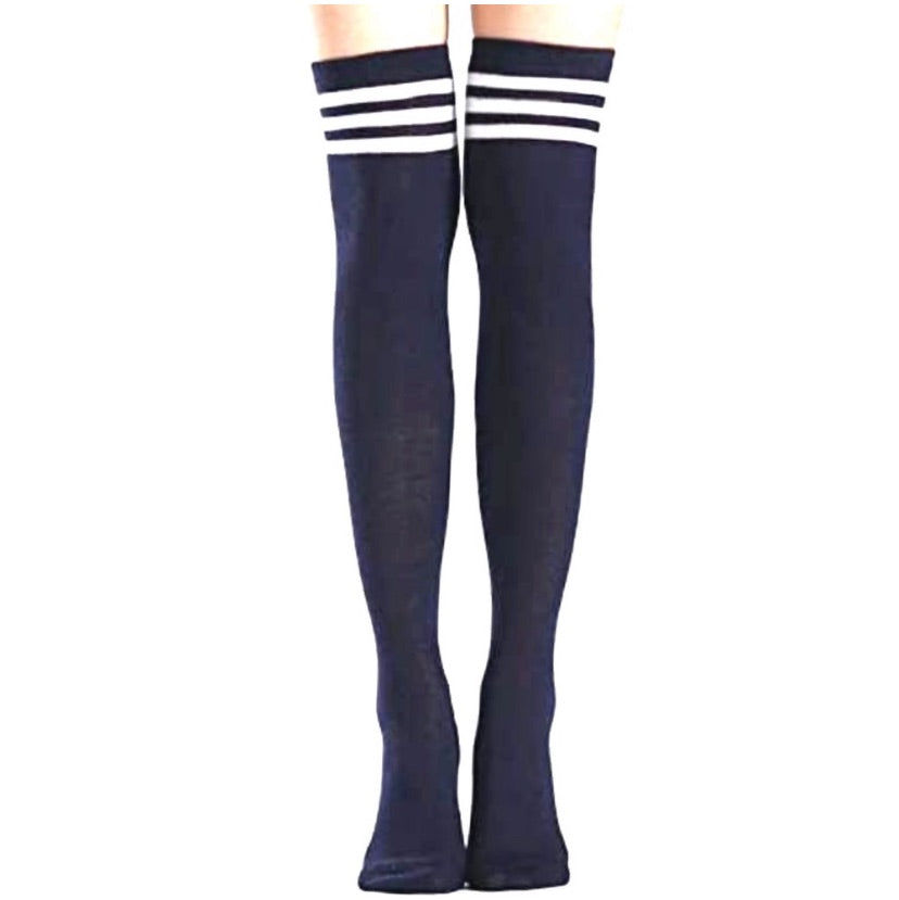 Navy Blue White Striped Over the Knee Thigh High Socks