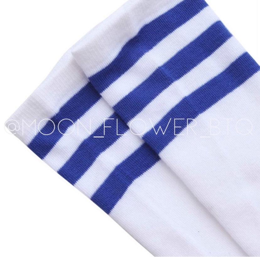 White Blue Striped Over the Knee Thigh High Socks