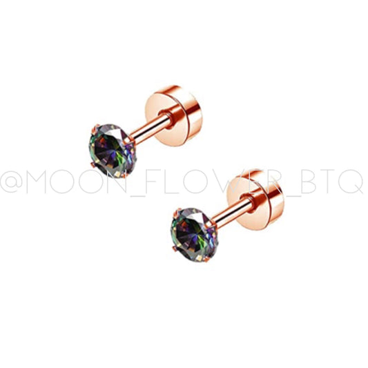 Tiny Rose Gold Rainbow CZ Earrings