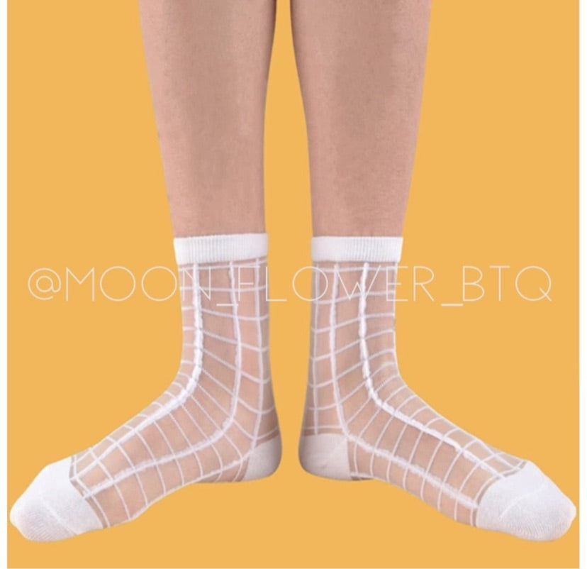 White Plaid Check Sheer Mesh Transparent Nylon Socks