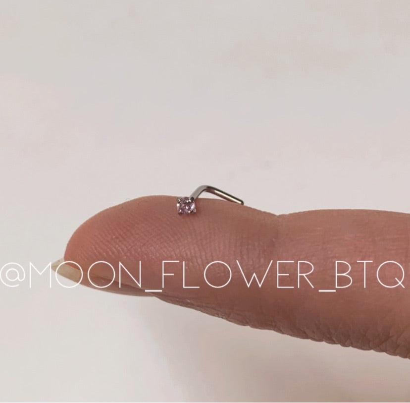 Pink Round CZ L Shaped Nose Ring