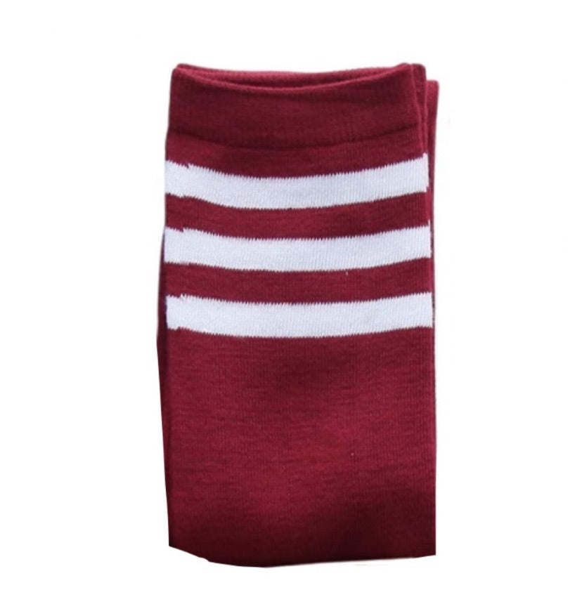 Burgundy White Striped Over the Knee Thigh High Socks